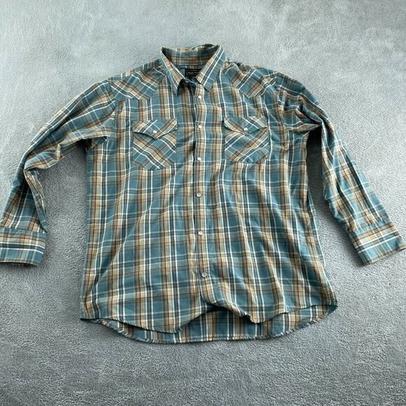 Mens High Noon Plaid Western Snap Button Shirt XL RG Cotton Blend Blue/Brown 580 - Picture 1 of 7